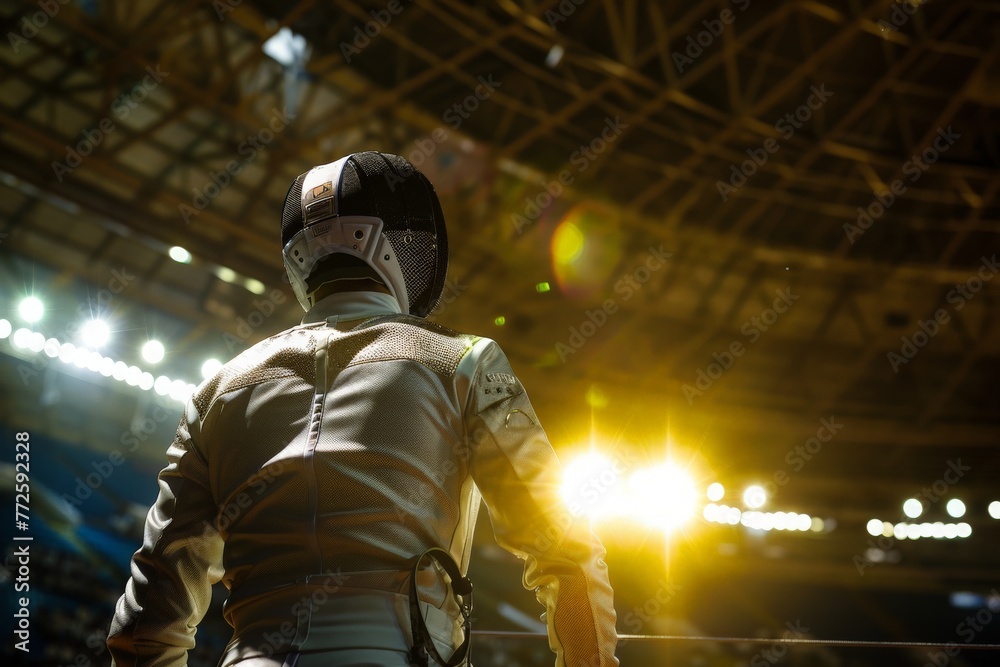 Fencer stands ready, backlit by a dramatic sunset, amidst the anticipation of an upcoming duel. Fencer stands ready, backlit by a dramatic sunset, amidst the anticipation of an upcoming duel.