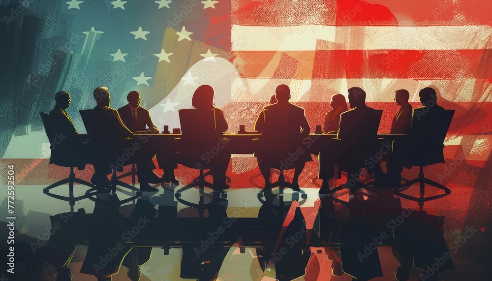 Silhouettes gathered around a table with the U.S. flag in front 🇺🇸✨ Symbolizes unity and purposeful discussions #PatrioticMeeting