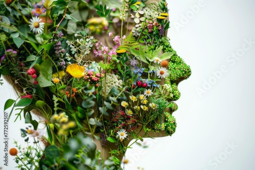 A human head from which flowers and plants grow, symbolizing growth, development, and the fruitfulness of thought processes. photo