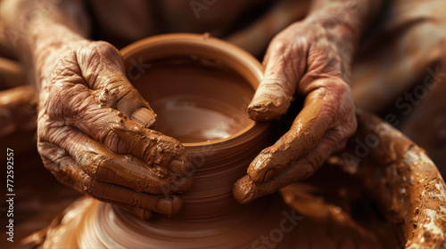 The potter's hands make a clay pot