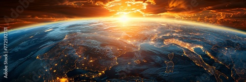 Earth orbit sunset banner: Heavenly cosmic dusk vista