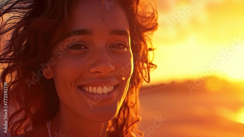 Radiant woman smiles against sunset backdrop, exuding happiness and inner glow. 🌅✨ Digital art captures genuine joy and peace in warm hues, celebrating nature's beauty. #JoyfulGlow