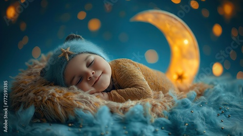 A baby is snugly wrapped in a blanket, smiling peacefully while asleep photo
