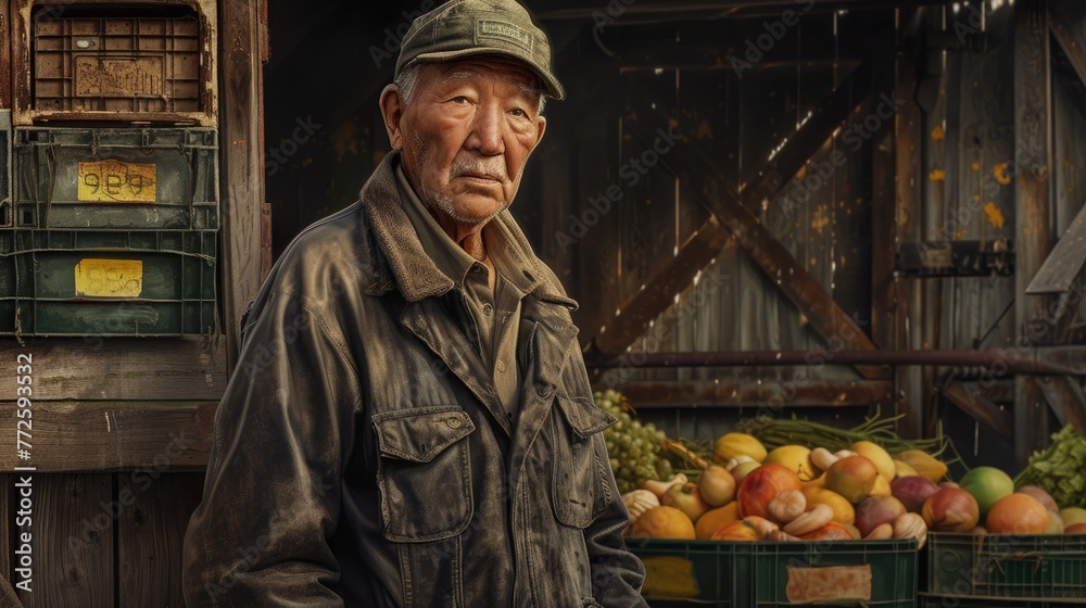 Elderly person in cap, looking at camera, surrounded by fruits. 🧓🍎🍇 Capturing essence of wisdom and abundance. #HarvestWisdom Elderly person in cap, looking at camera, surrounded by fruits. 🧓🍎🍇 Capturing essence of wisdom and abundance. #HarvestWisdom