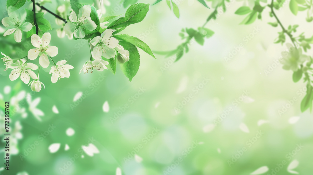 Green bokeh background adorned with small white flowers