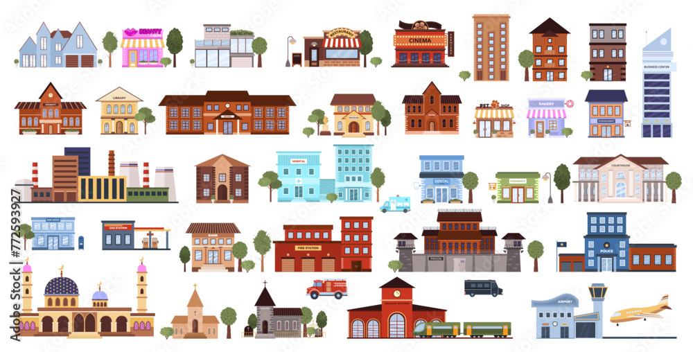Big set of various flat urban building icons. Isolated municipal library, bank, pharmacy, post office, school, pet shop, museum, bakery, mosque, airport on a white background. Vector illustrations.
