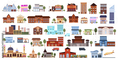 Big set of various flat urban building icons. Isolated municipal library, bank, pharmacy, post office, school, pet shop, museum, bakery, mosque, airport on a white background. Vector illustrations. photo