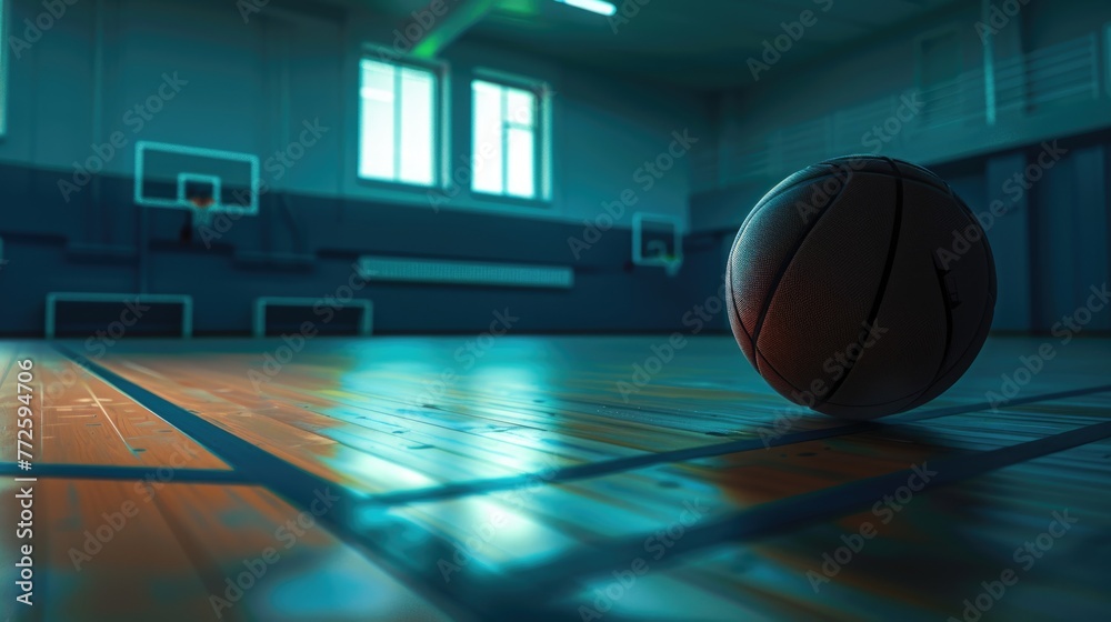 A basketball is sitting on the floor of a gym. The ball is black and the floor is wooden A basketball is sitting on the floor of a gym. The ball is black and the floor is wooden