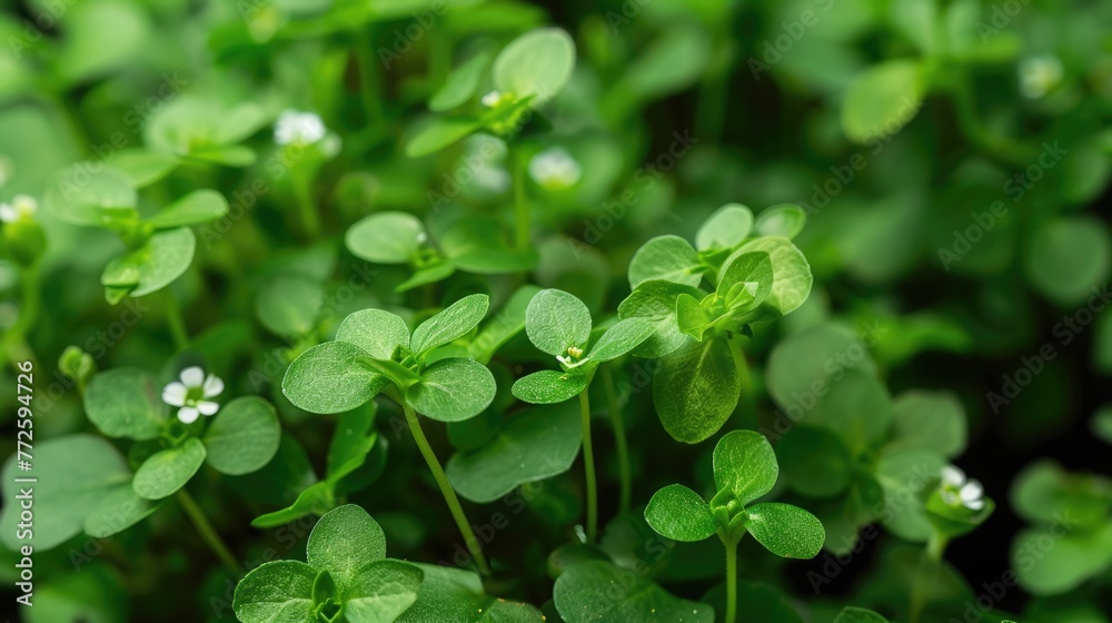 A bunch of green plants with white flowers. The plants are growing in a field A bunch of green plants with white flowers. The plants are growing in a field