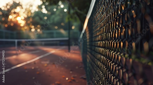 A tennis court with a fence in the background. The fence is black and has a mesh design photo