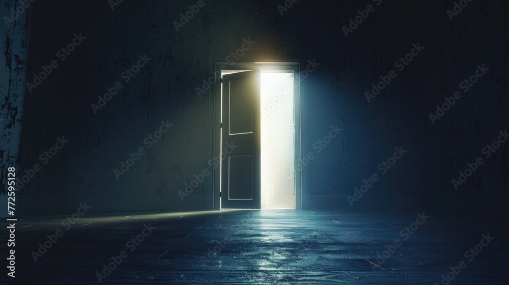 A door is open in a dark room, with a light shining through it. Scene is mysterious and eerie, as the light creates an otherworldly atmosphere