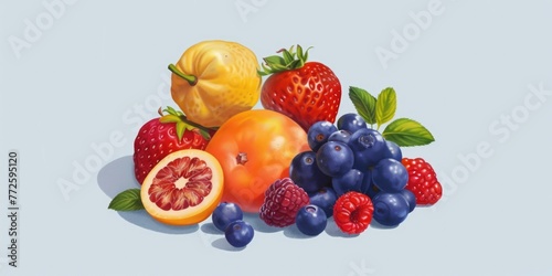 A painting of a variety of fruits including oranges  blueberries  and raspberries. The painting is colorful and vibrant  with the fruits arranged in a way that makes them look fresh and inviting