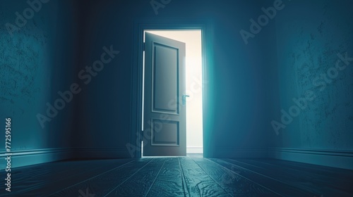 A door is open in a dark room. The door is the only source of light in the room