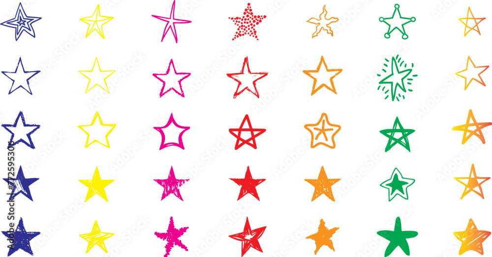 Stars set, hand drawn sketch, doodle vector illustration. Black symbols drawn by brush, pen, ink, Isolated on white background. Cool trendy handdrawn set for logo, textile print, fabric design, card