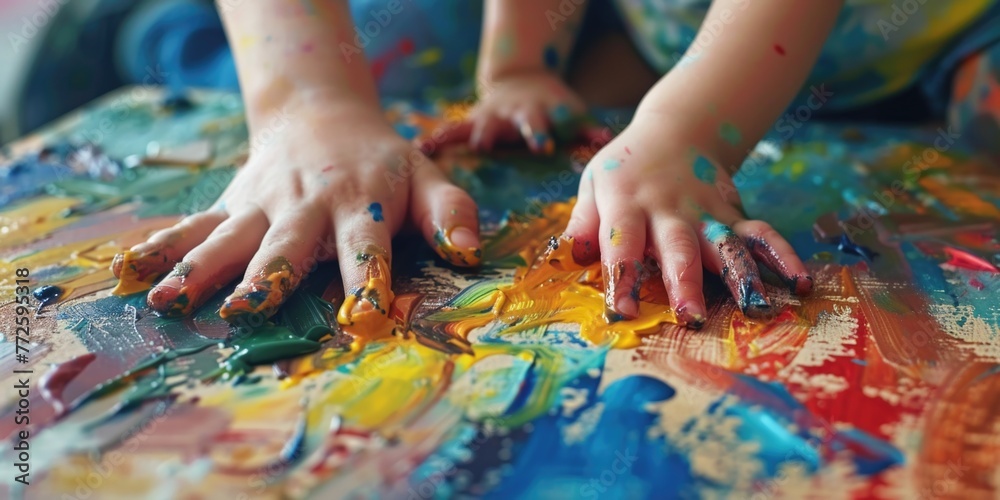 A child's hands are covered in paint, creating a colorful mess on a table. Concept of playfulness and creativity A child's hands are covered in paint, creating a colorful mess on a table. Concept of playfulness and creativity