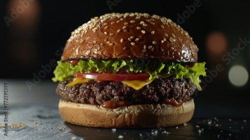 A hamburger with lettuce, tomato, and cheese on a plate. The burger is sitting on a table