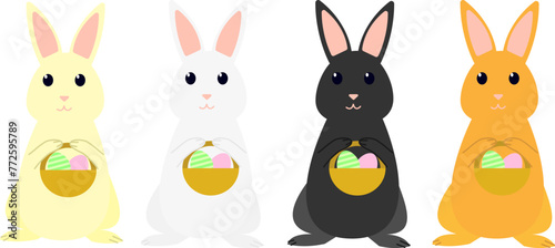 Four Easter bunnies holding baskets with eggs.