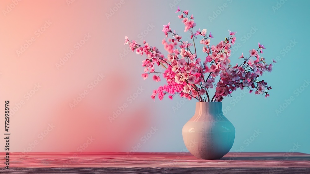 A vase filled with pink flowers sits atop a wooden table against a backdrop of blue and pink ai generated image