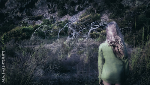 Girl looking at fairy trees. Horror, mysticism. Dalyan, near Mediterranean Sea, Mugla Province, Turkey photo