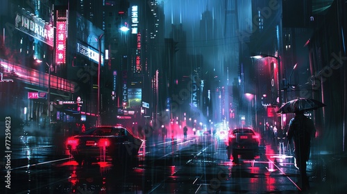 Cyberpunk streets illustration, futuristic city, dystoptic artwork at night, 4k wallpaper. Rain foggy, moody empty future © MdAwlad
