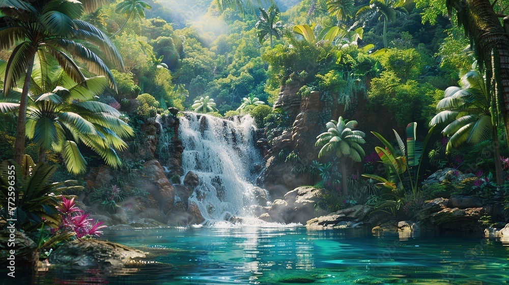 A breathtaking vertically composed image captures a hidden waterfall plunging into a serene pool within a vibrant jungle generative ai - obrazy, fototapety, plakaty 