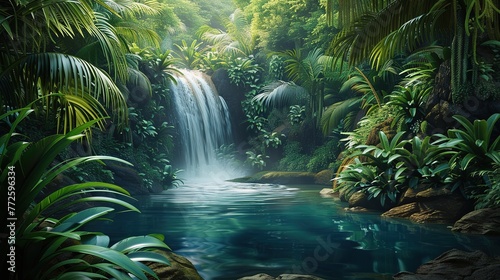 A breathtaking vertically composed image captures a hidden waterfall plunging into a serene pool within a vibrant jungle generative ai photo