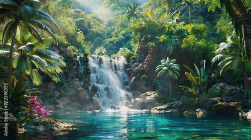 A breathtaking vertically composed image captures a hidden waterfall plunging into a serene pool within a vibrant jungle generative ai