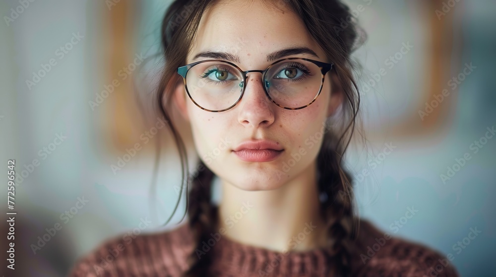 A photo of a woman with glasses and a braid, facing the camera seriously ai generative high quality image A photo of a woman with glasses and a braid, facing the camera seriously ai generative high quality image