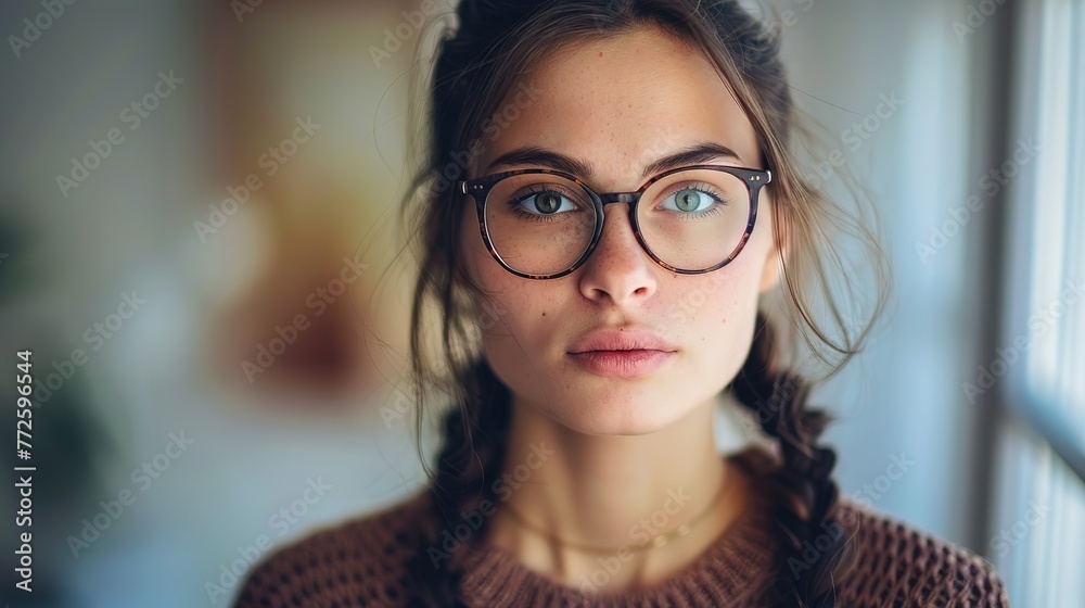 A photo of a woman with glasses and a braid, facing the camera seriously ai generative high quality image A photo of a woman with glasses and a braid, facing the camera seriously ai generative high quality image