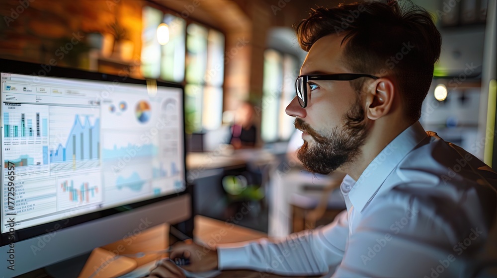 A professional businessman wearing glasses using his computer at the workstation - KPIs (charts and bar graphs) A professional businessman wearing glasses using his computer at the workstation - KPIs (charts and bar graphs)