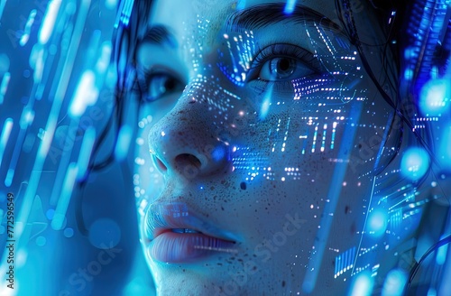 Deepfake concept with young woman's face covered in blue digital data, binary code and augmented reality data photo
