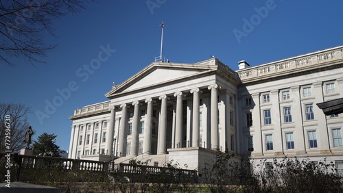 Front facade of the US Treasury Department in Washington, DC.