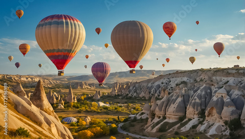Flying balloons in Cappadocia landscape