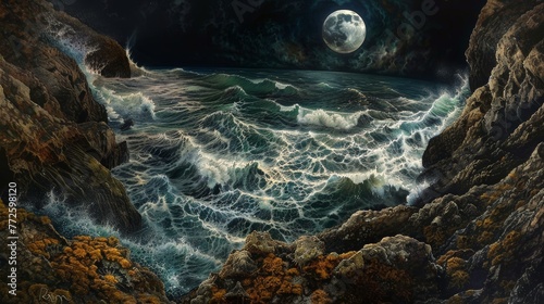 looking straight down a coastal sea cliff into a tide pool, birds eye view, oregon coast, nighttime, dark sky, full moon photo