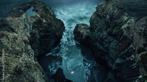 looking straight down a coastal sea cliff into a tide pool, birds eye view, oregon coast, nighttime, dark sky, full moon