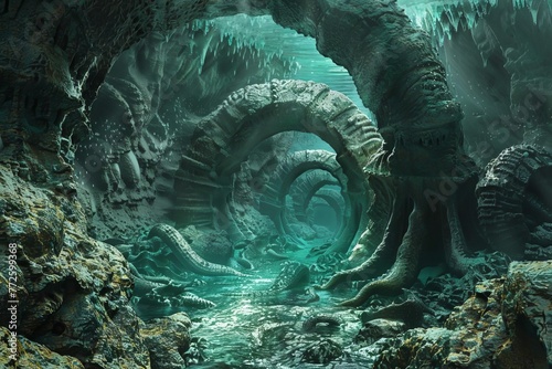 Mysterious underwater hideaway where eels twist and turn amidst rocky crevices, digital illustration photo
