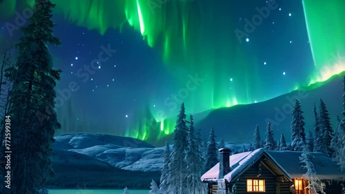 Aurora borealis northern light above house in winter forest, AI Generated photo