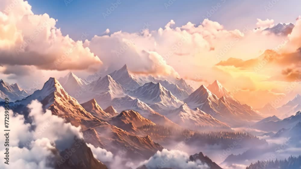Fantasy landscape with mountain peaks in the fog at sunset. Vector illustration, AI Generated Fantasy landscape with mountain peaks in the fog at sunset. Vector illustration, AI Generated