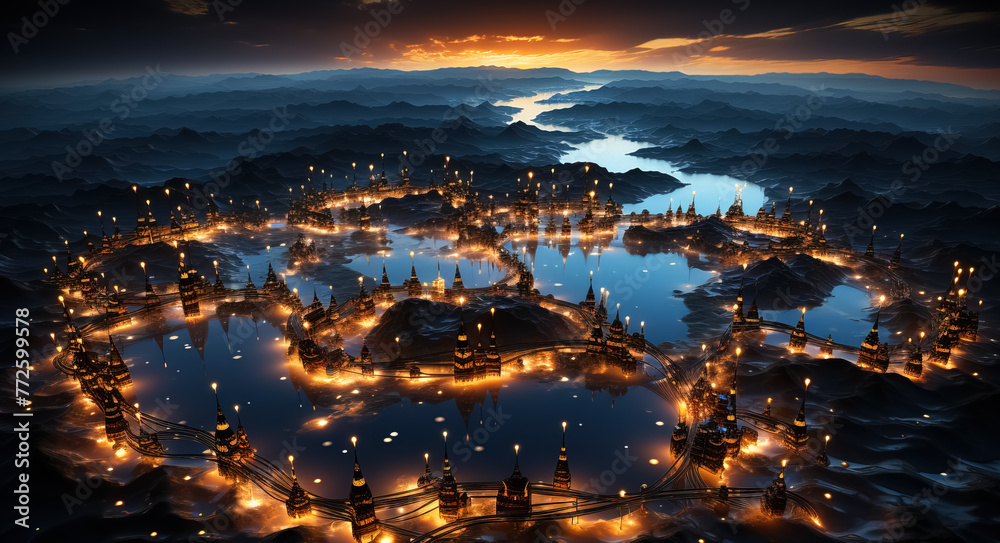 Fototapeta premium Connection lines around the Earth's surface, view from space. future technology backdrop with circles and lines