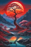 The ethereal beauty of a mystical landscape under the red moonlight.