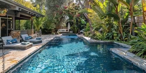 Backyard swimming pool with beautiful patio and lawn furniture in the garden © Brian