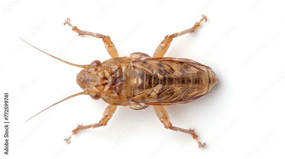 Mole cricket isolated on a white backdrop. Detailed European Gryllotalpa. Concept of entomology, soil ecosystem, and biological pest management. Mole cricket isolated on a white backdrop. Detailed European Gryllotalpa. Concept of entomology, soil ecosystem, and biological pest management.