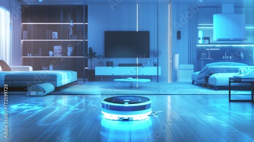 Sleek robot vacuum cleaning a home interior. Futuristic home maintenance in an elegant setting. Concept of advanced technology, smart living, and efficient home care.