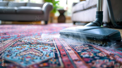 Vacuum cleaner head on a colorful, patterned rug. Carpet cleaning. Vacuuming. Concept of household chores, deep cleaning, home hygiene, routine housework, effective cleaning tools