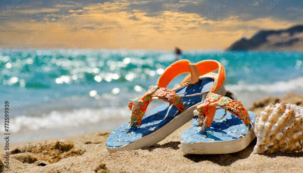 Generated image of summer shoes on the beach - obrazy, fototapety, plakaty 