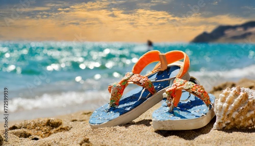 Generated image of summer shoes on the beach © Alena Shelkovnikova