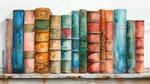 Books in a row. A colorful assortment of books. White background. Concept of education, reading, knowledge, and library collection. Watercolor illustration