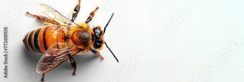 Bee macro isolated on a white background. Detailed bee. Concept of close up insect, entomology studies, and nature's intricacy. Banner. Copy space photo
