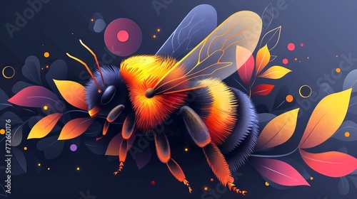 Artistic bumblebee with floral elements on a dark background. Decorative bee illustration. Concept of nature-inspired design  artistic flora  and fauna.