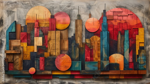 an Collage Painting artwork of a Manhatten skyline, Geometric Square Collage Painting artwork  photo